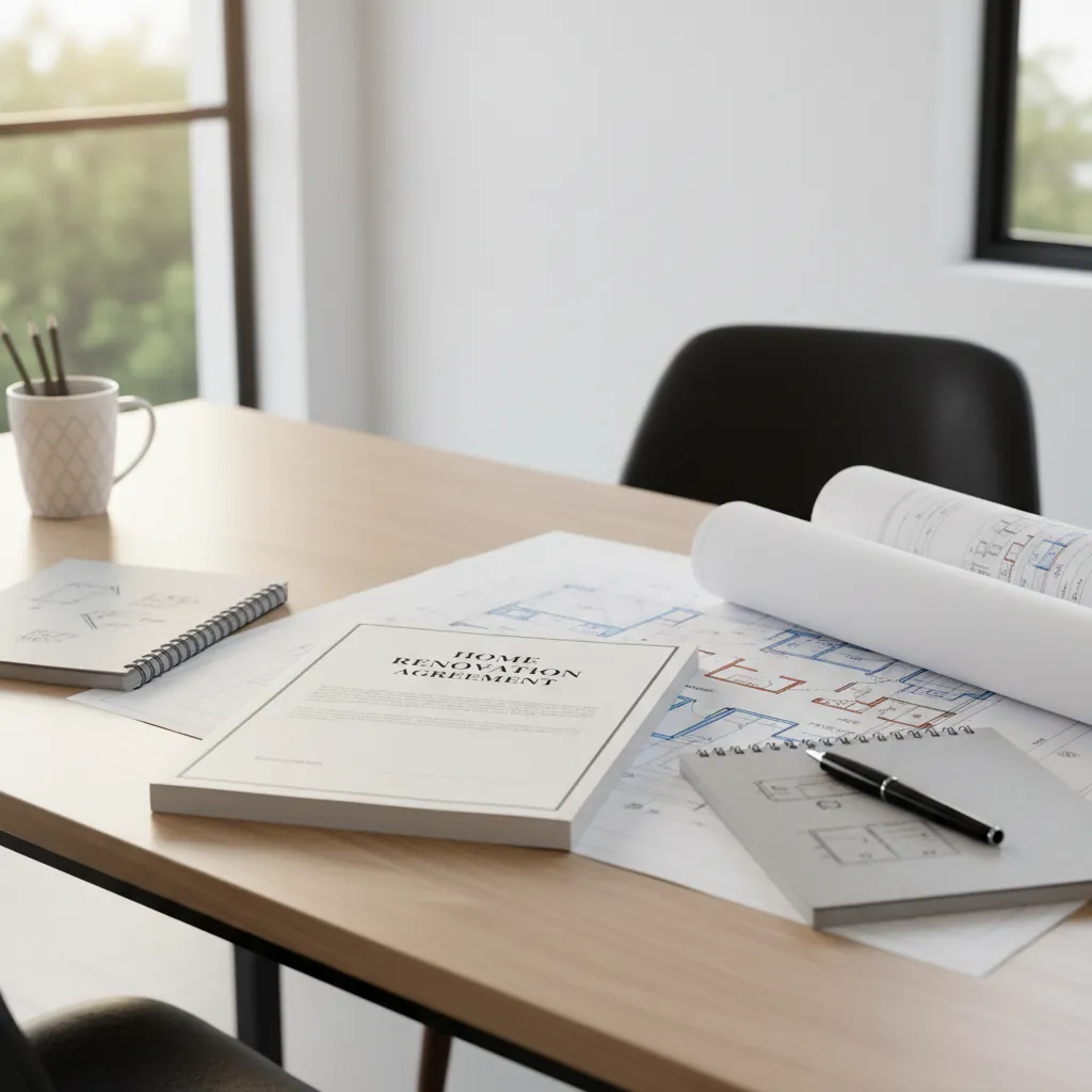 reviewing remodeling contract clauses at a desk with architectural plans