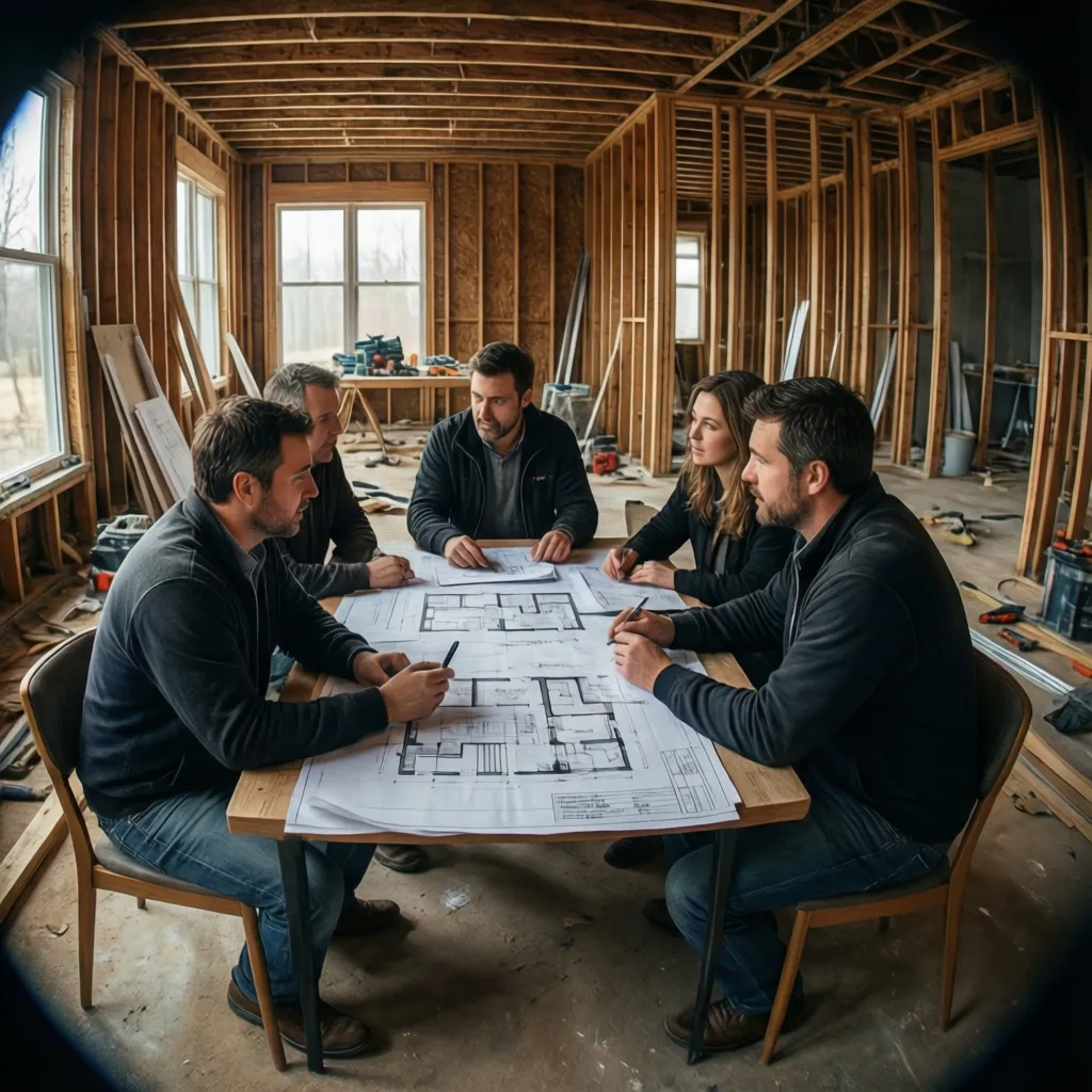 contractor discussing renovation plans with homeowner at construction site