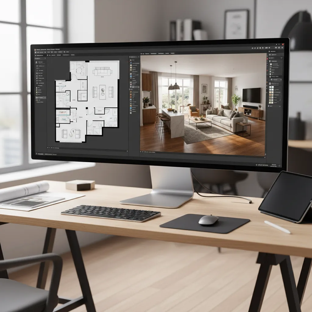 3D home layout displayed in remodeling software on computer screen