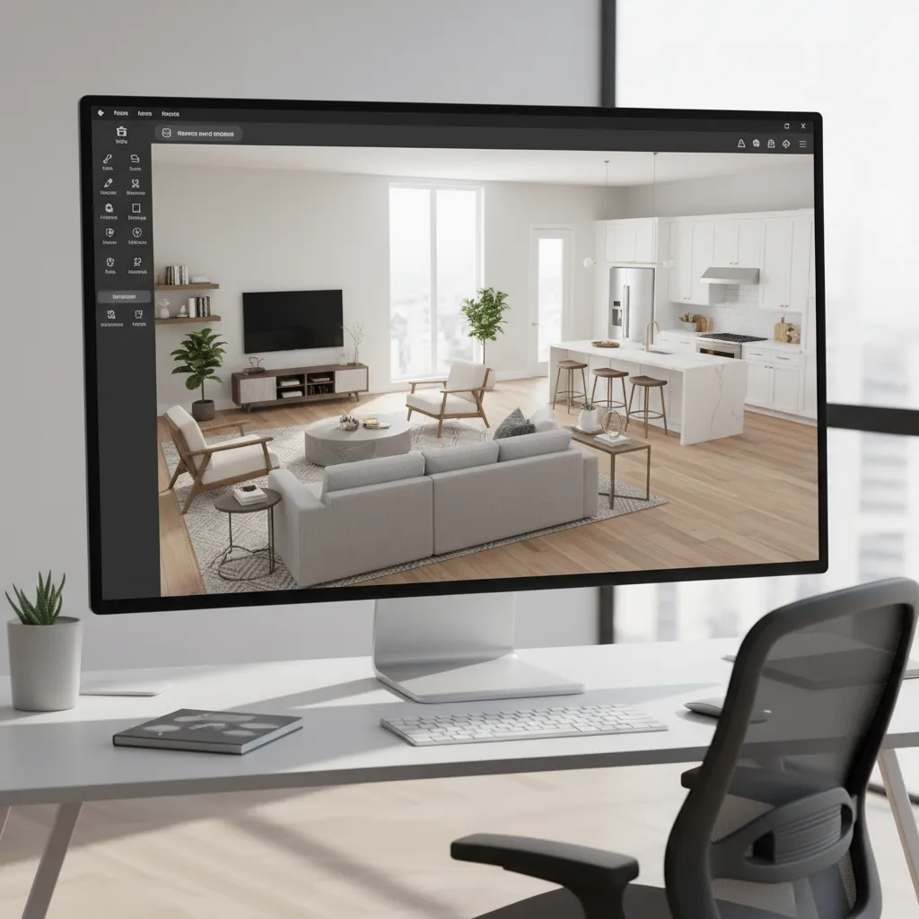 3D digital floor plan created using home remodeling software showing furniture layout