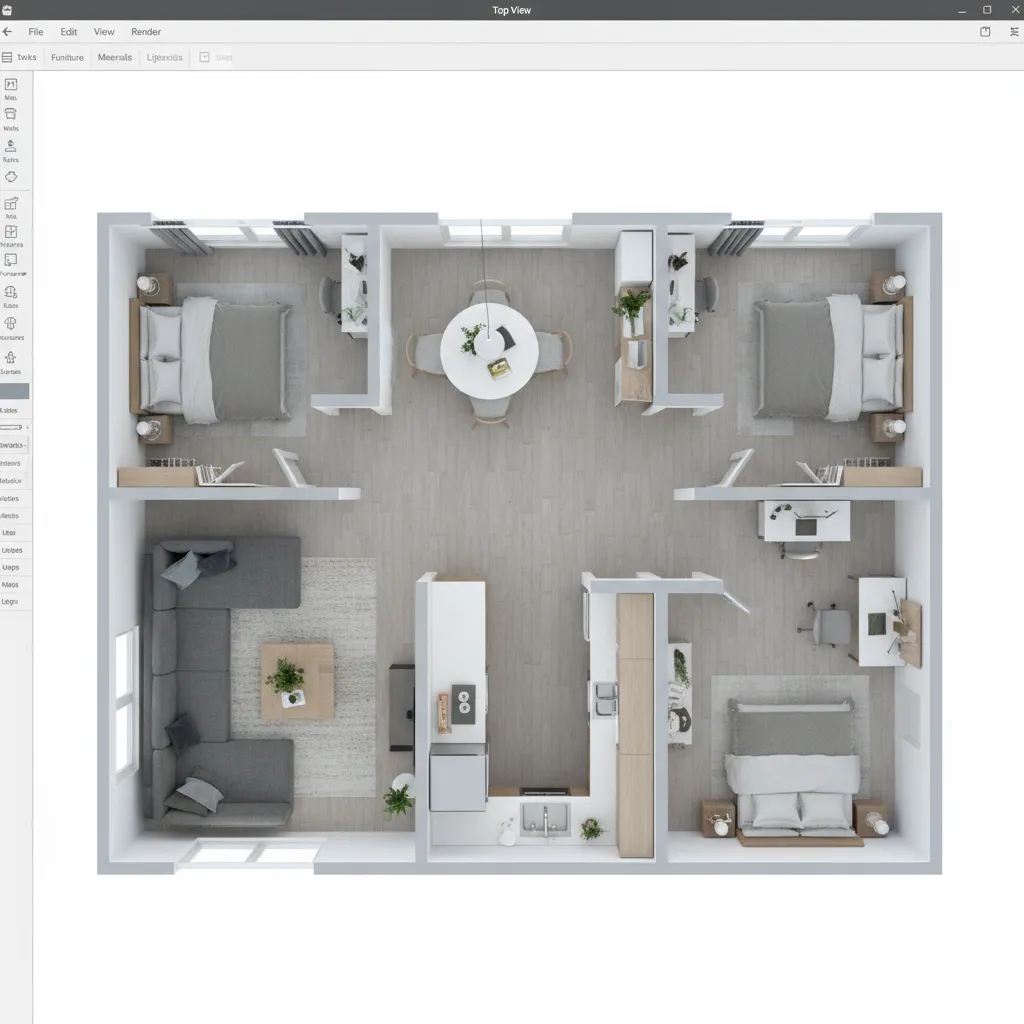 Detailed top view interior design drawing of three bedroom apartment with living room and dining