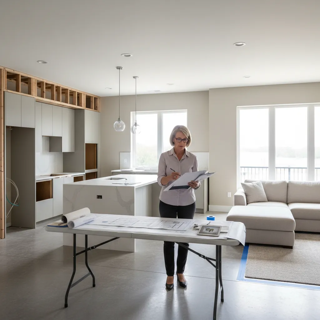appraiser reviewing home renovation plans with open kitchen layout in background