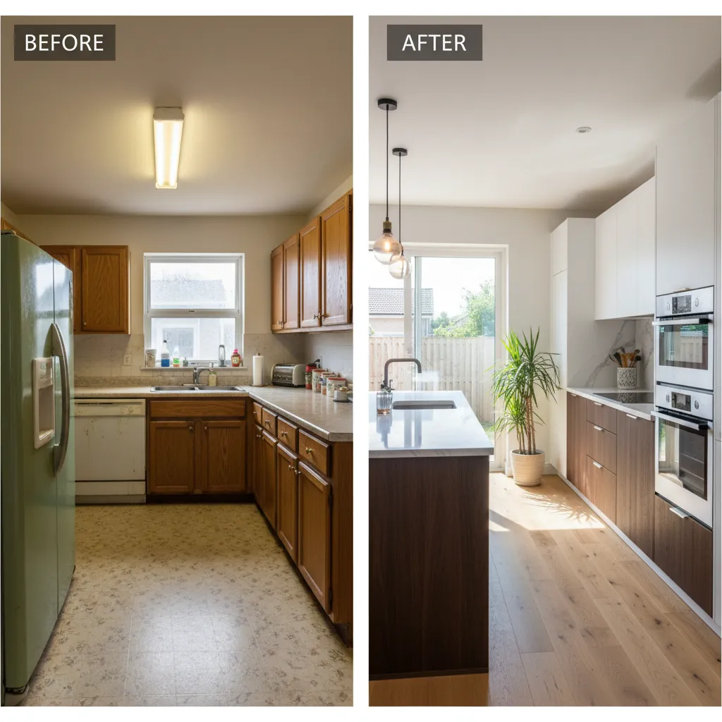 Side by side before and after interior renovation showing dramatic spatial improvement