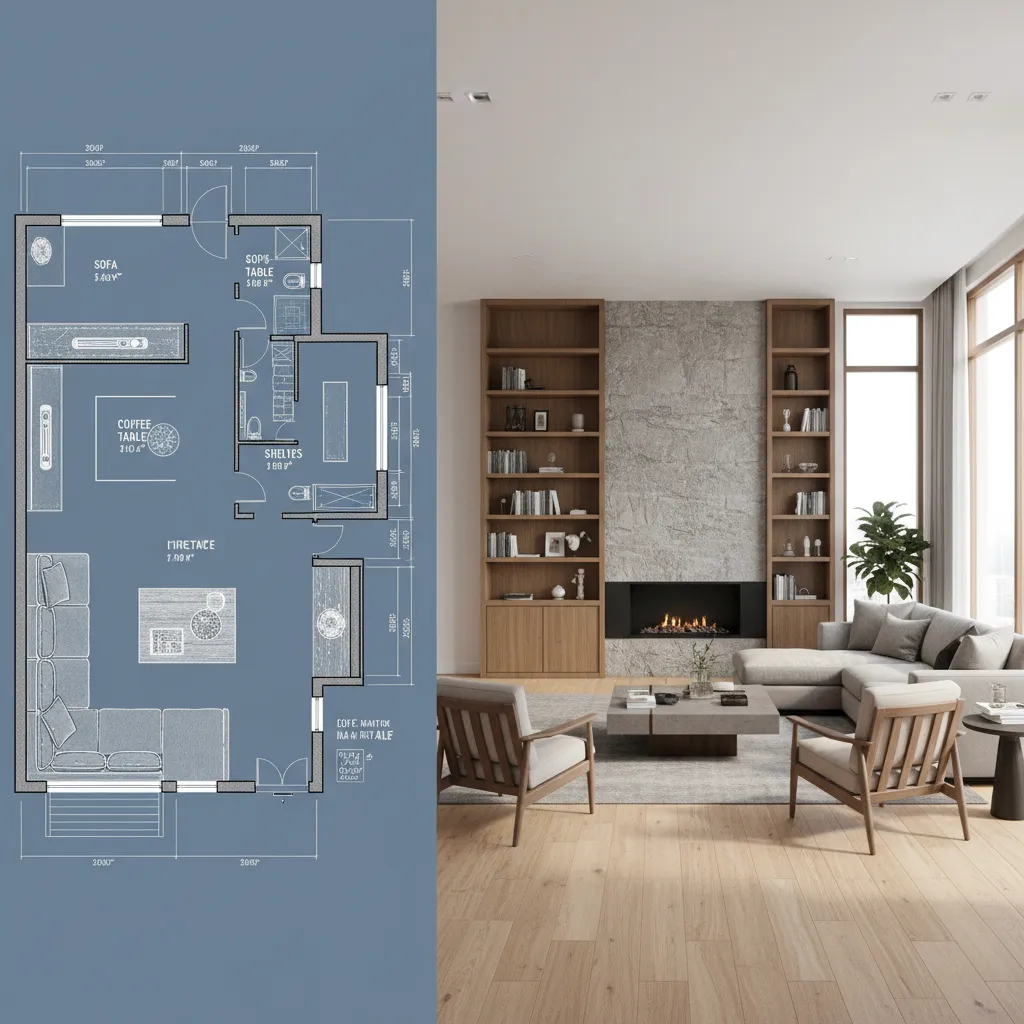 Comparison of house blueprint floor plan and realistic 3D rendered interior renovation design