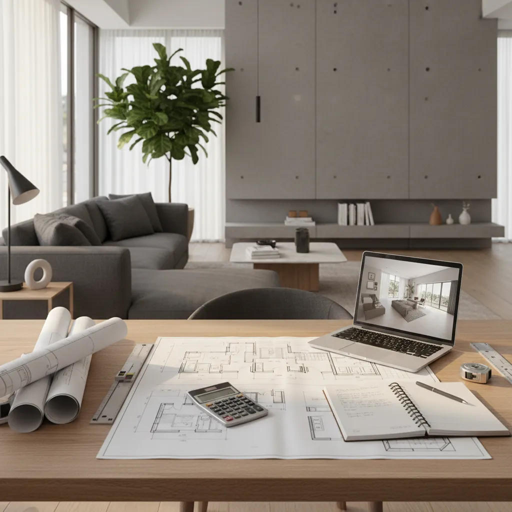 Homeowner planning renovation budget with floor plan and calculator