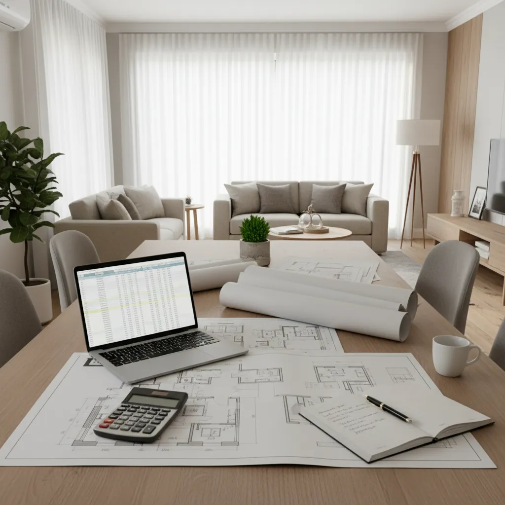 Homeowner planning renovation budget with calculator and floor plans
