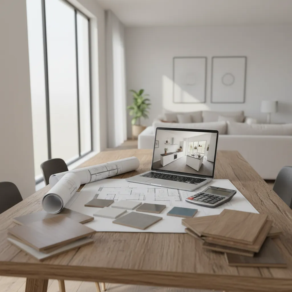 homeowner reviewing renovation budget with plans and material samples on a table