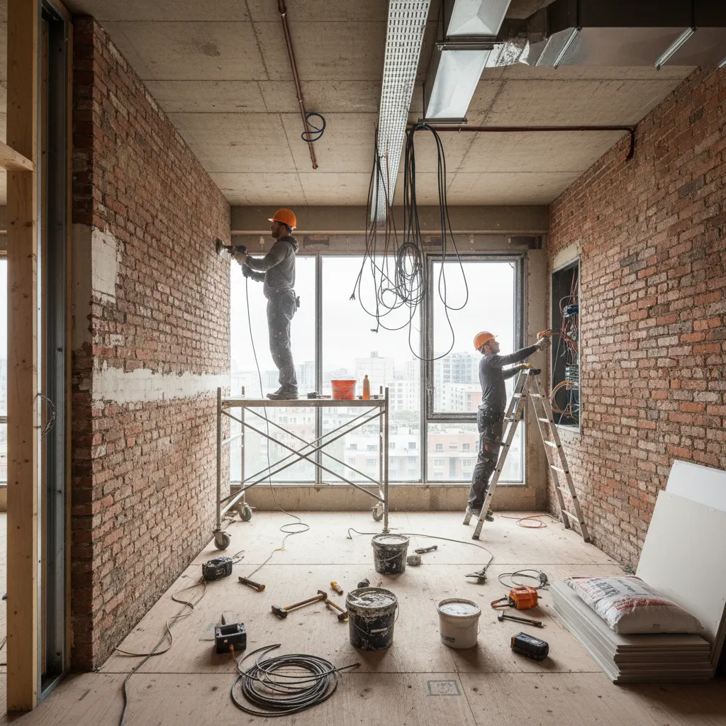 Interior construction process during house renovation with exposed walls