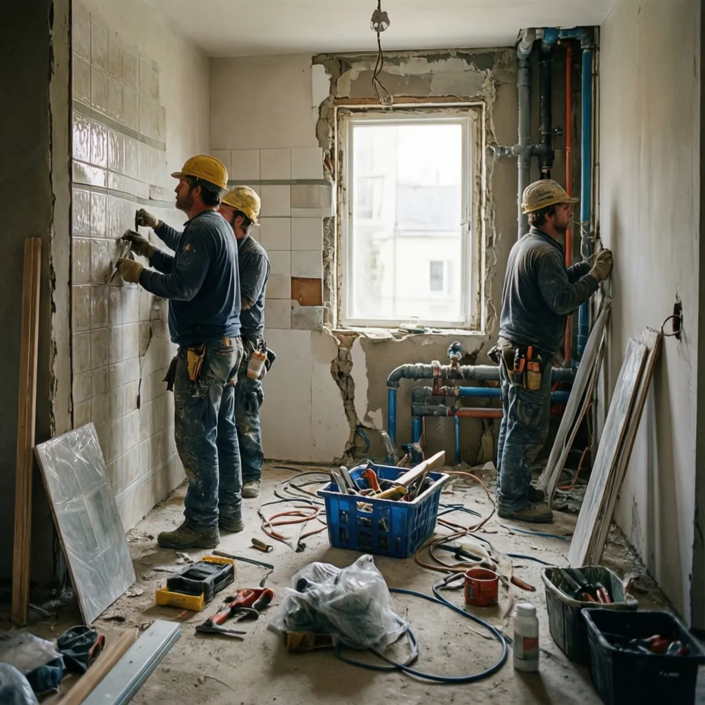 Workers renovating interior house removing walls and updating utilities