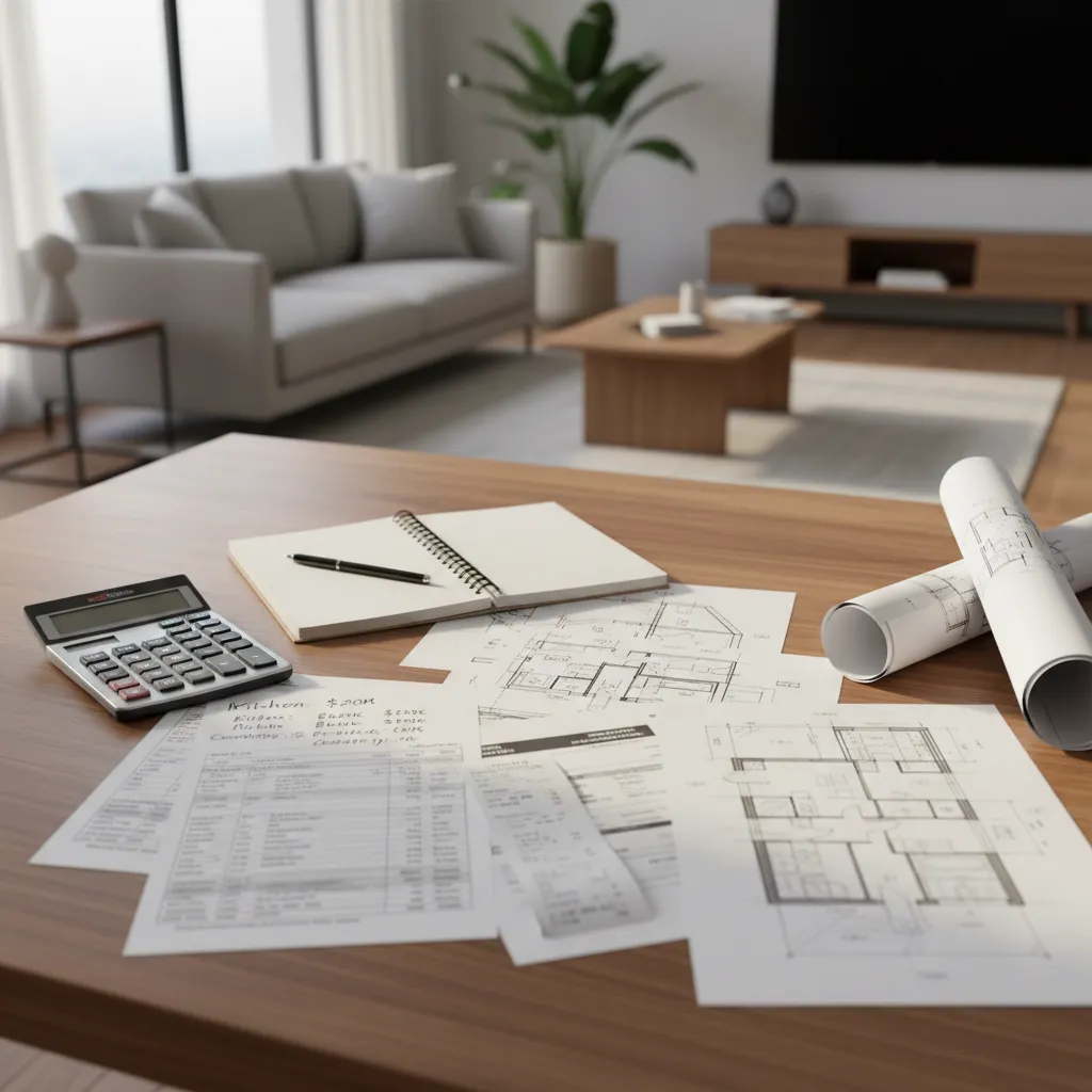 Renovation cost comparison documents with calculator and notes