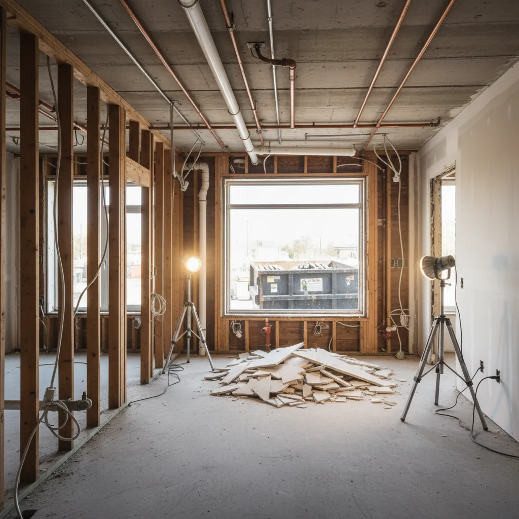 home interior during demolition revealing wall framing and pipes