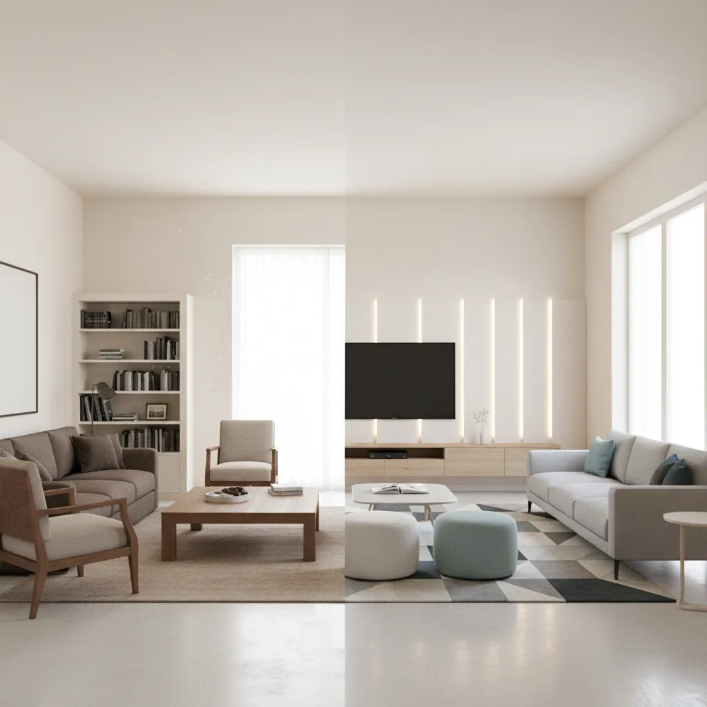 Before and after comparison showing traditional living room transformed into a modern bright living room