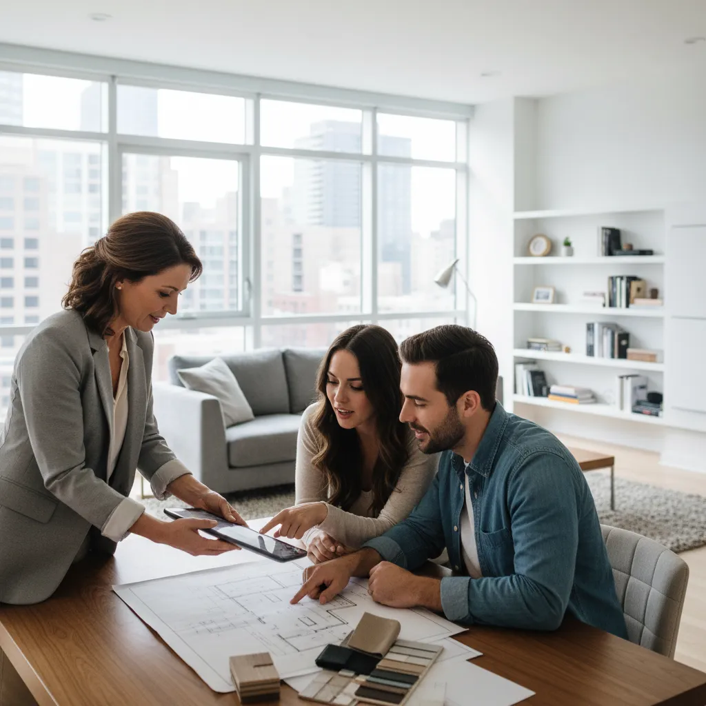 Diseñador de interiores explicando planos a una pareja durante una reforma