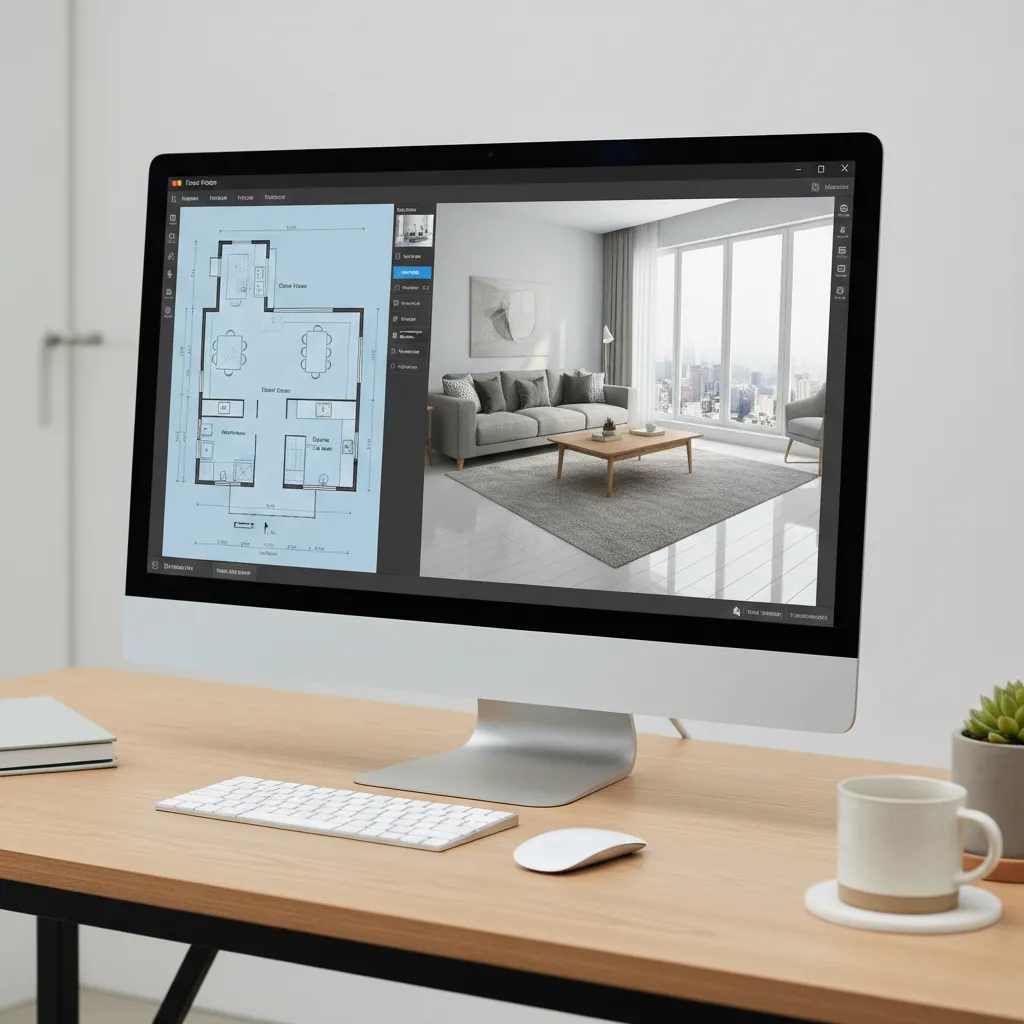 home renovation design software showing living room floor plan and 3D preview