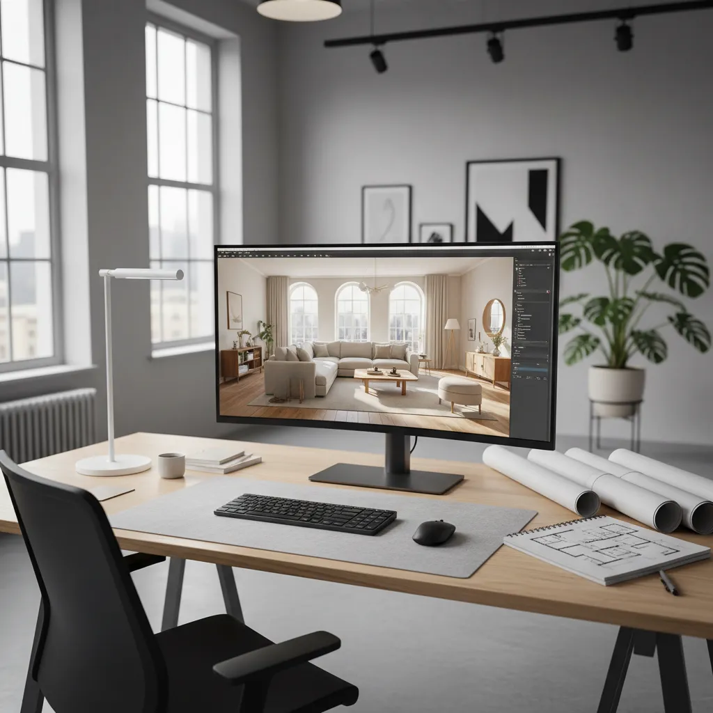 3D interior renovation design displayed on computer screen in modern workspace