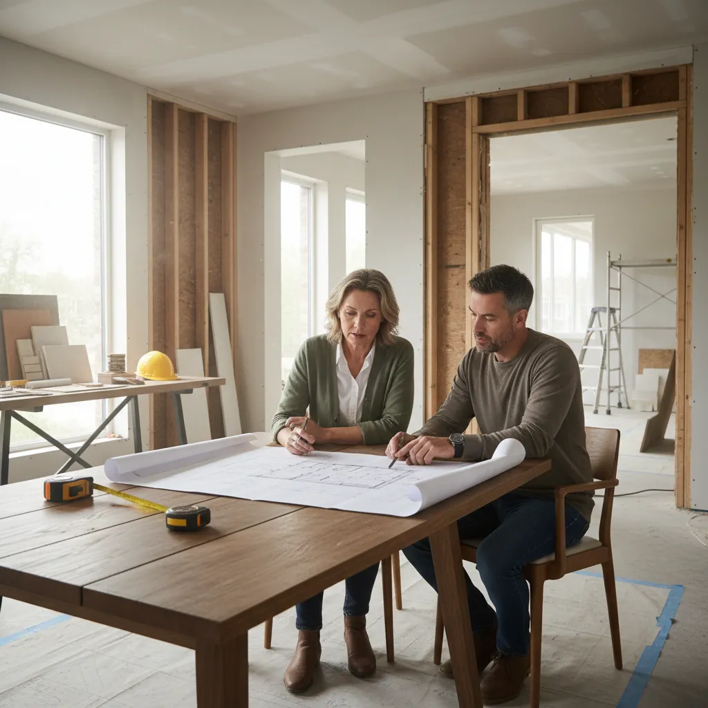 Homeowner and contractor discussing renovation drawings during a dispute meeting