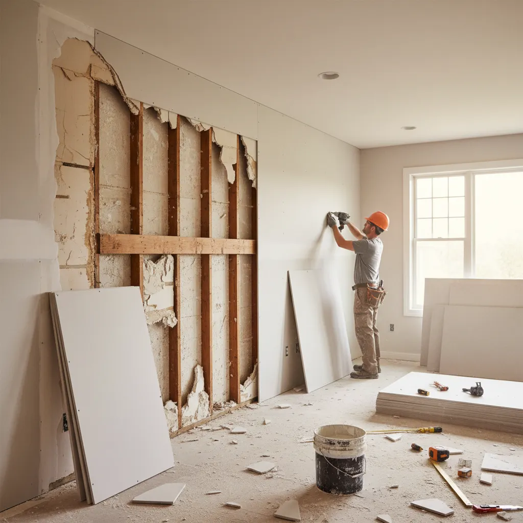 Home renovation scene with drywall replacement and exposed framing