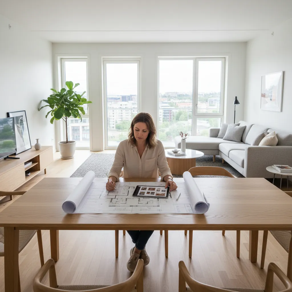 Homeowner reviewing renovation plans and financing options for interior design project
