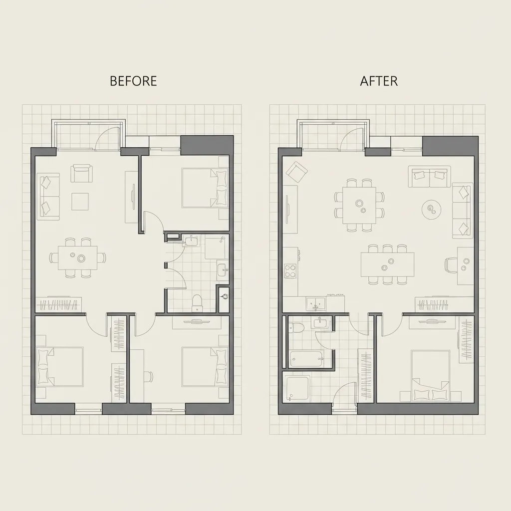 Comparison of original and redesigned home floor plan layouts