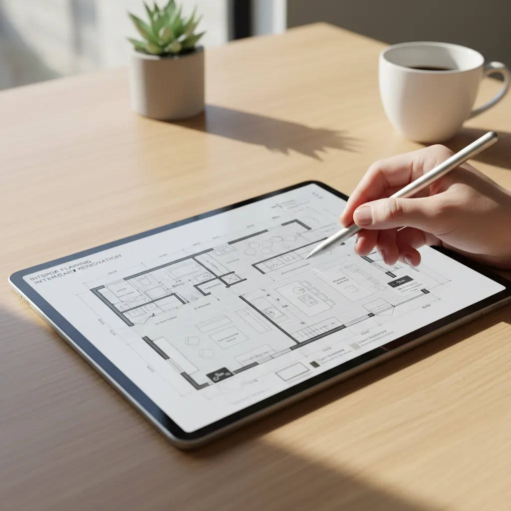 Digital home renovation concept floor plan displayed on tablet with stylus