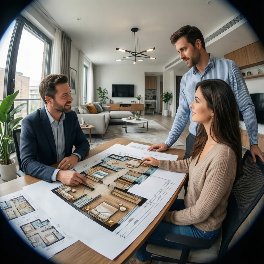 Homeowners reviewing renovation floor plan with interior designer