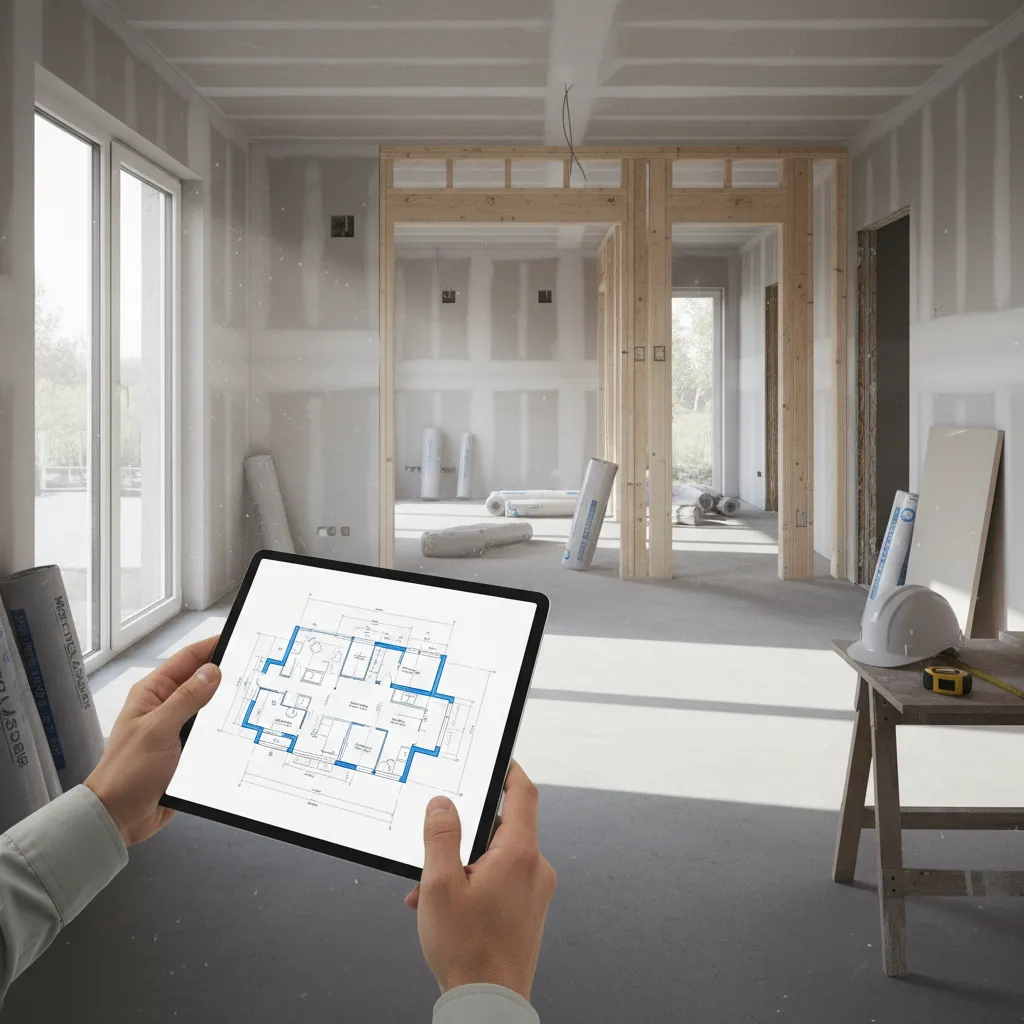tablet showing digital floor plan during home renovation planning