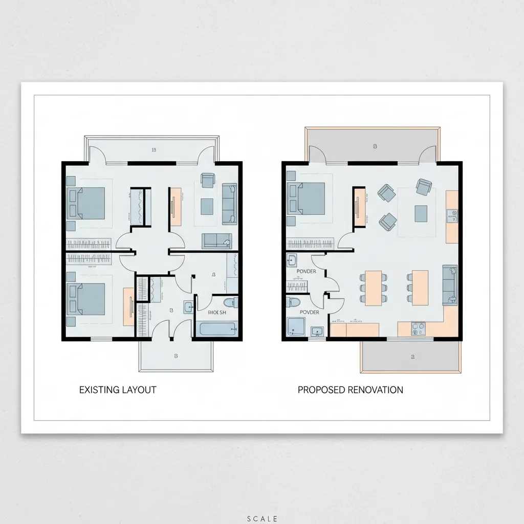 Renovation floor plan sketch comparing existing and proposed home layout