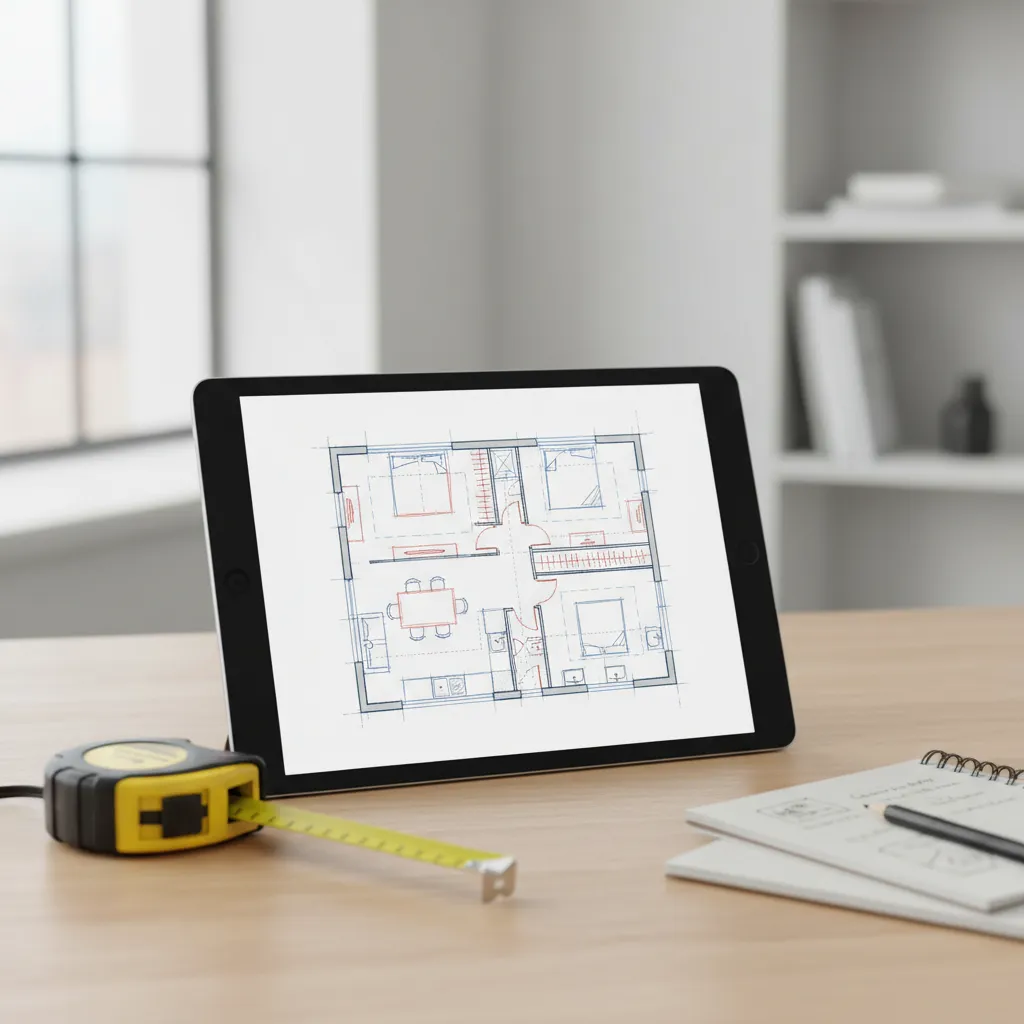 tablet displaying home renovation floor plan draft layout