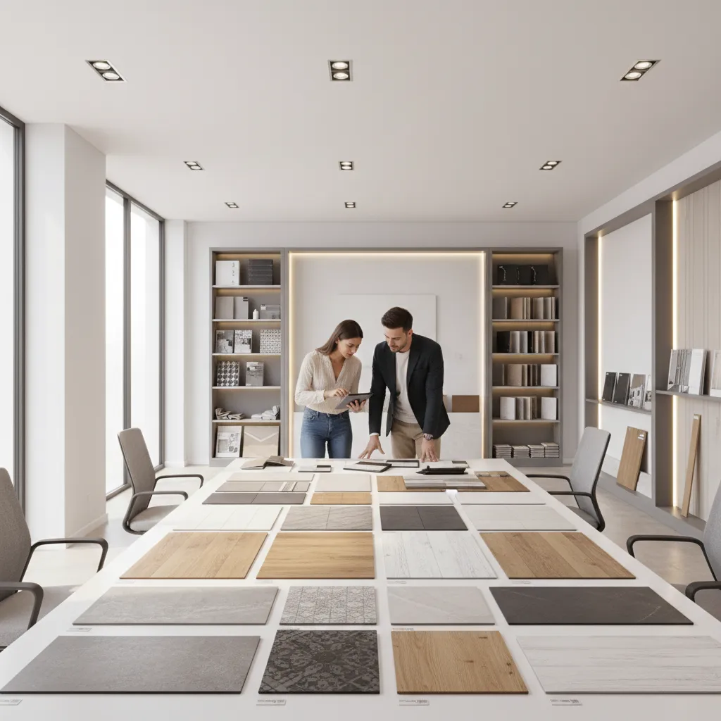 Homeowners selecting tile and flooring samples during renovation planning