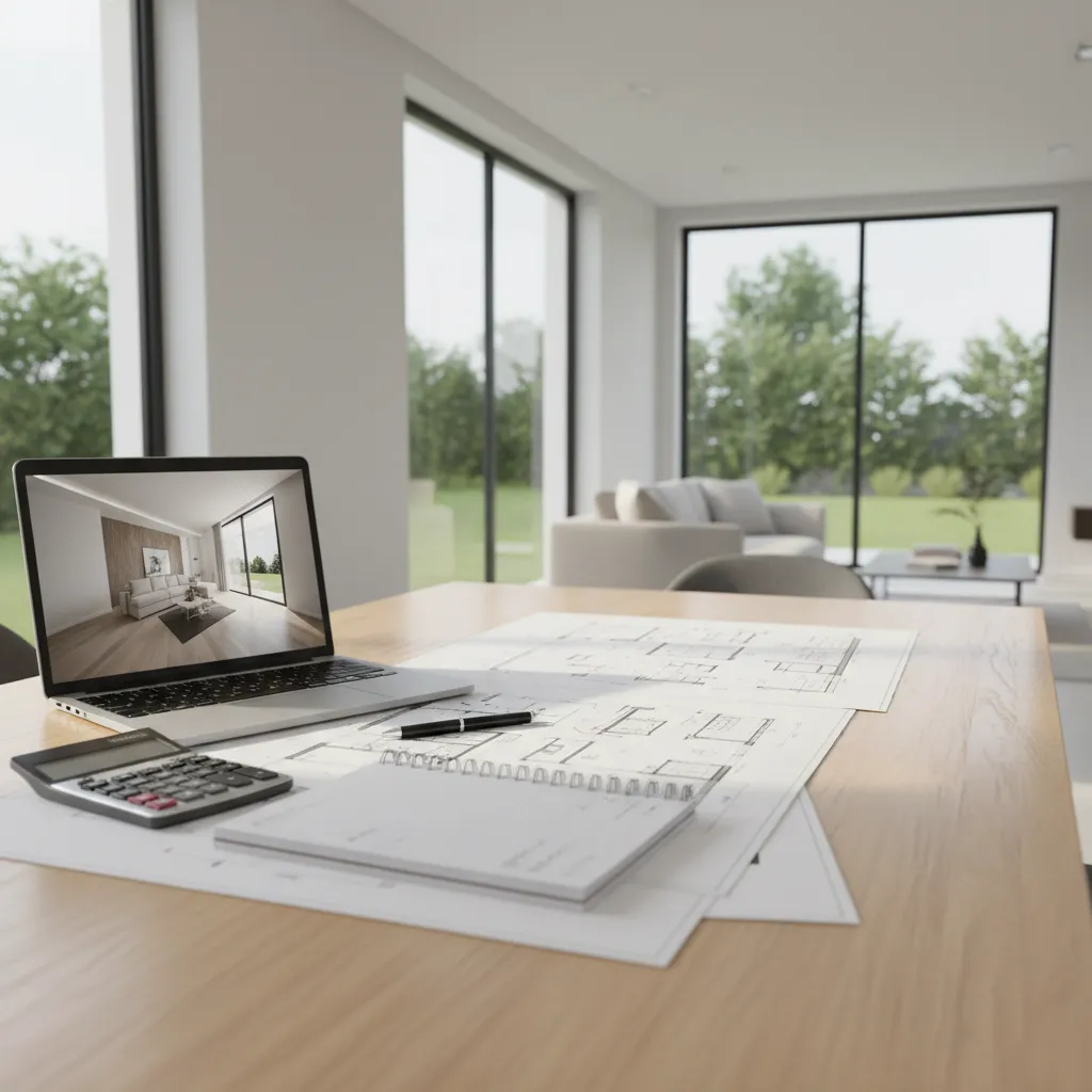 organized workspace with renovation plans documents calculator and laptop for grant preparation