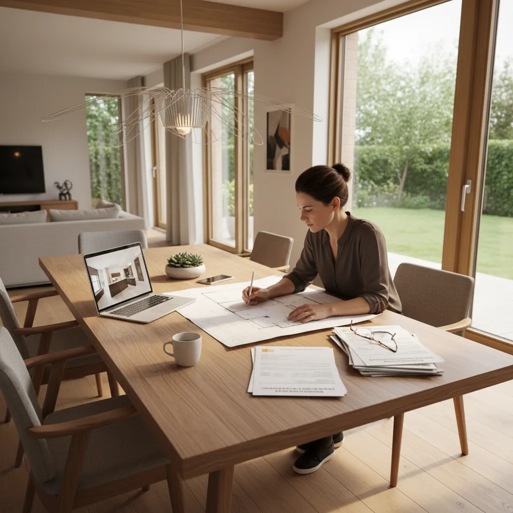Homeowner reviewing renovation plans and researching grant programs on laptop