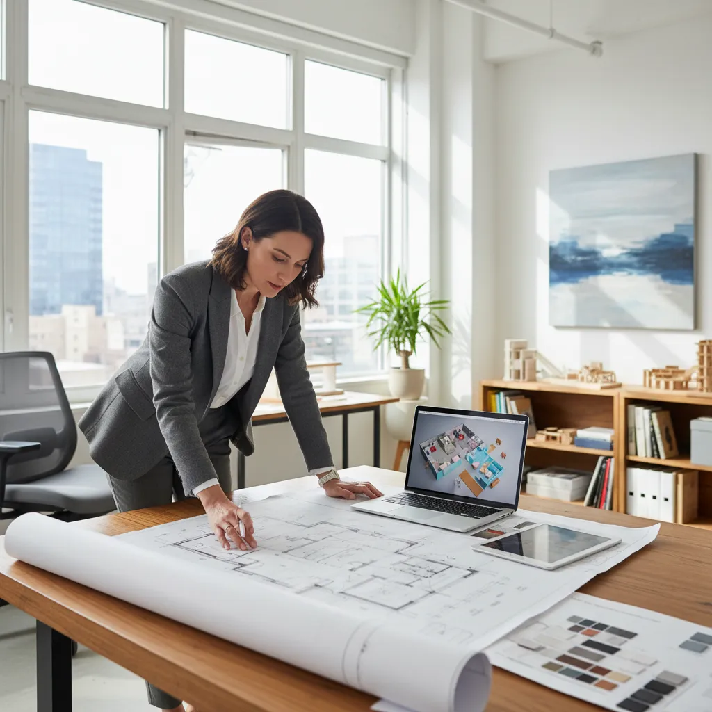 Professional woman reviewing printed house floor plan on a desk with laptop and digital tablet