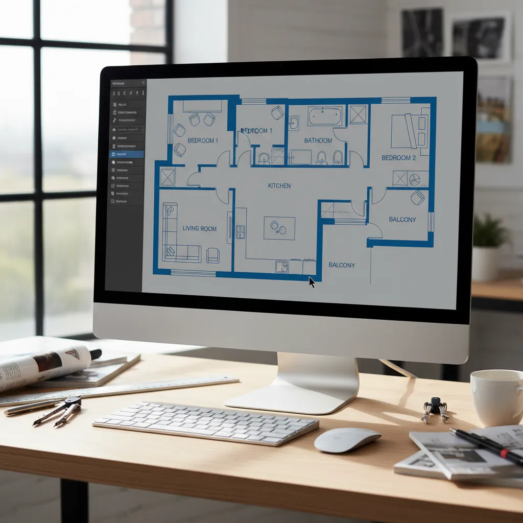 Desktop monitor showing a two bedroom floor plan layout on a desk with design tools