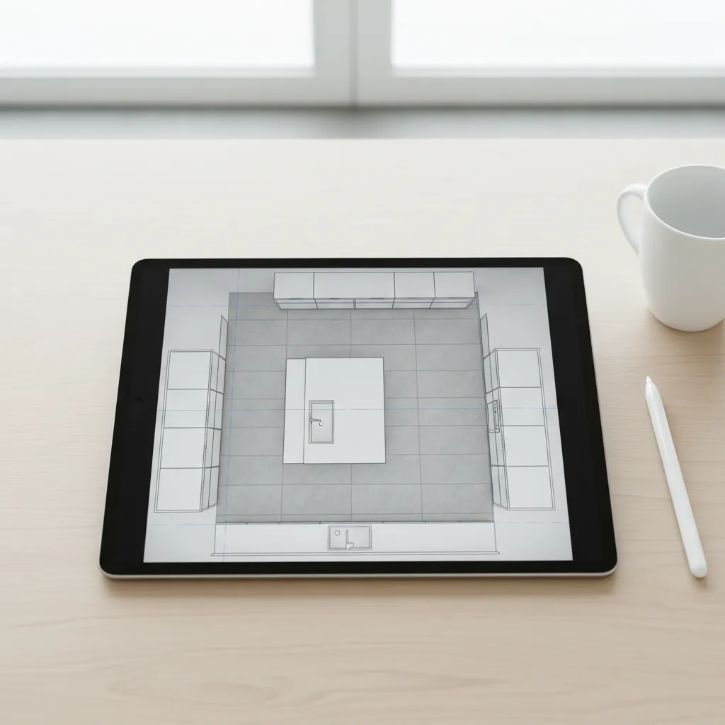 tablet showing kitchen renovation floor plan with island and walkway clearance