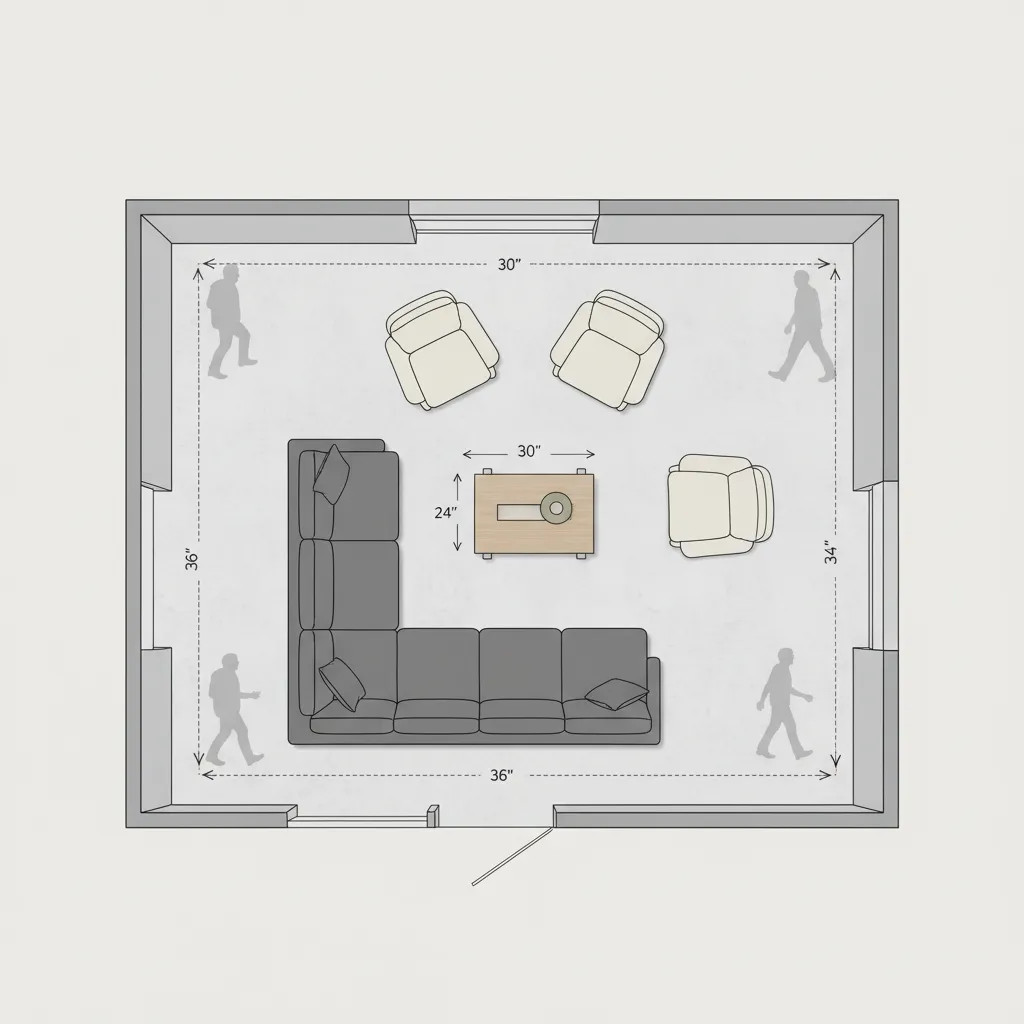 home renovation layout planning showing walking space and furniture clearance