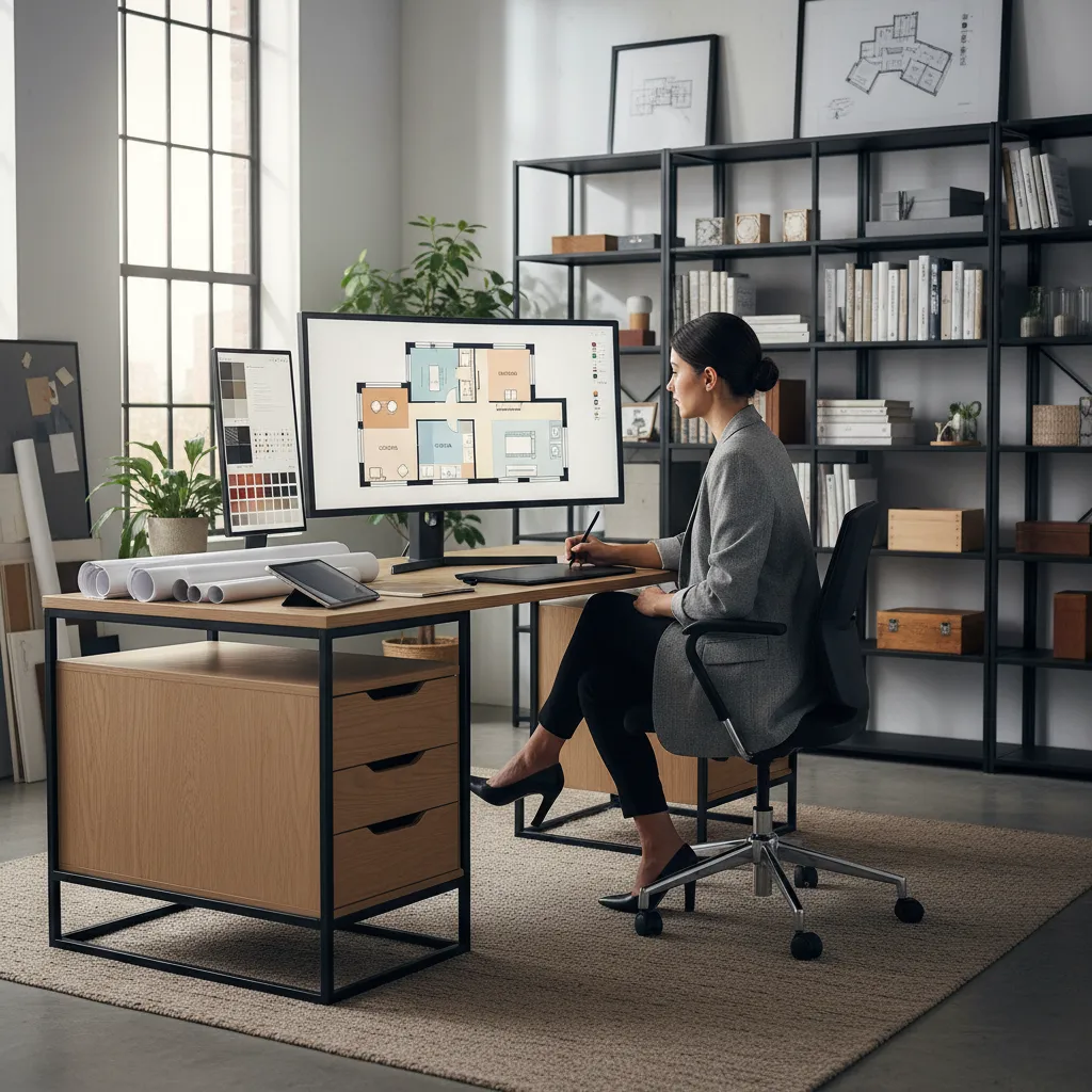 Designer reviewing a digital renovation floor plan on a computer screen