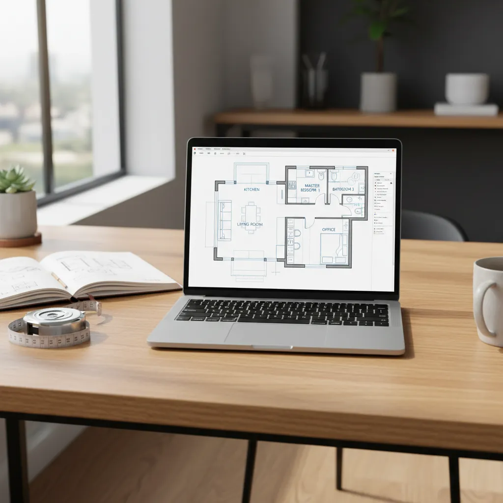 Laptop displaying home renovation floor plan created with design software