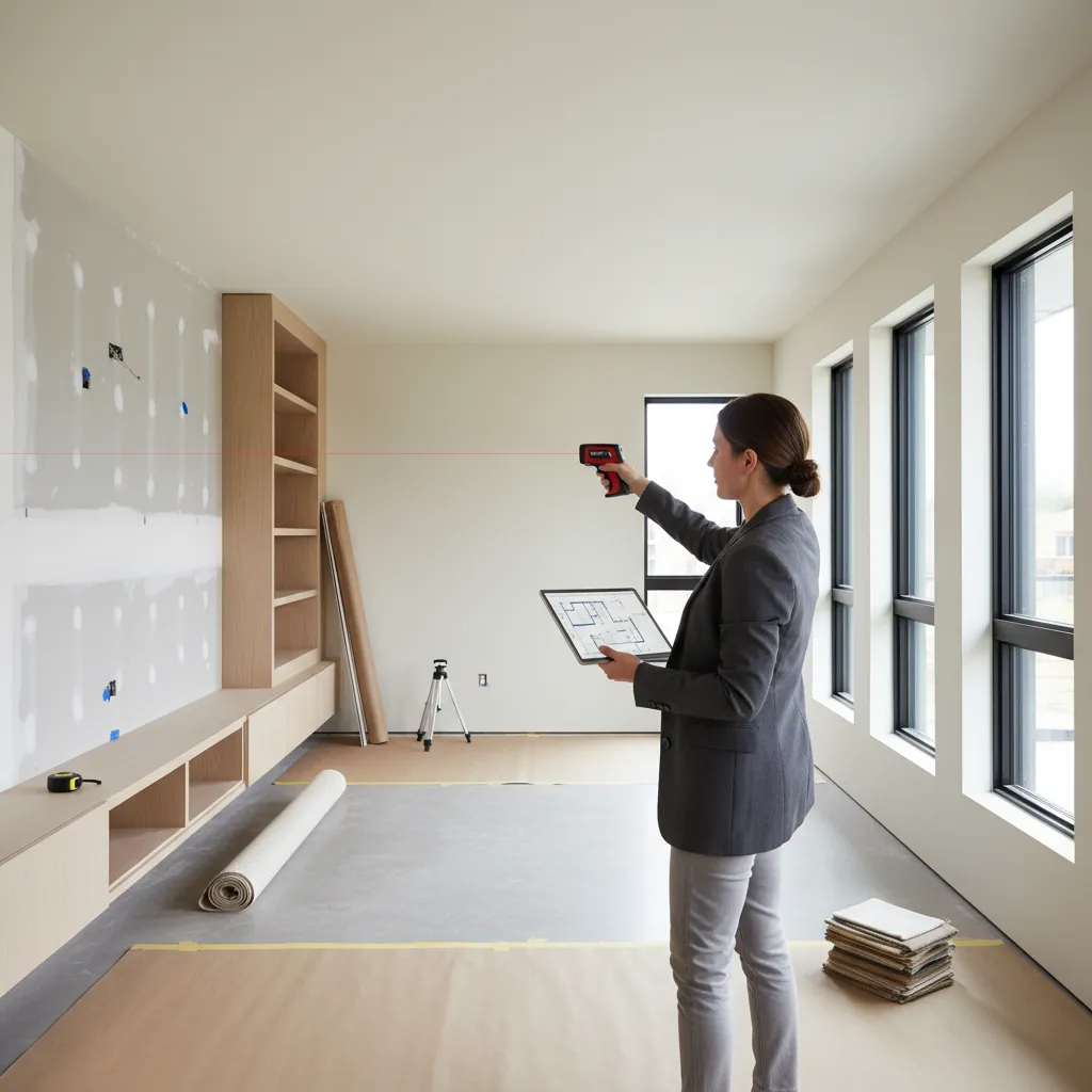 Architect measuring room dimensions and comparing with digital renovation floor plan