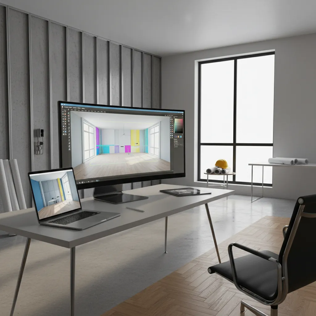 Desk with laptop and large screen showing interior design drawing in modern room with windows