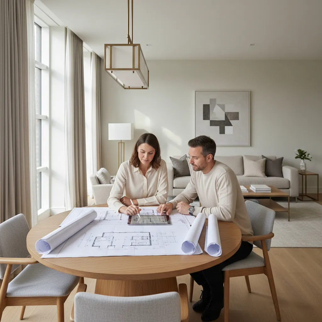 Homeowners reviewing renovation plans and budgeting documents at a table
