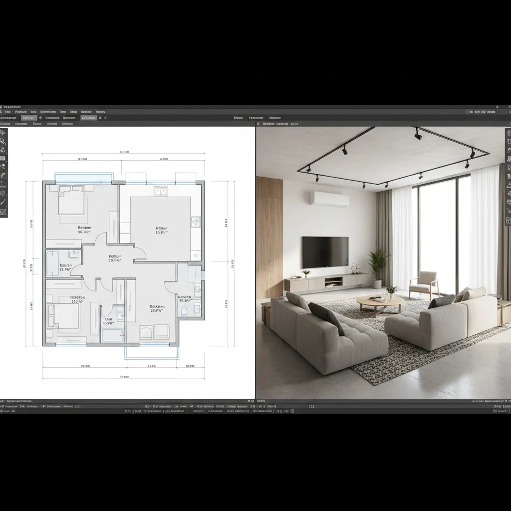 digital home renovation planning with 3D model and floor plan comparison