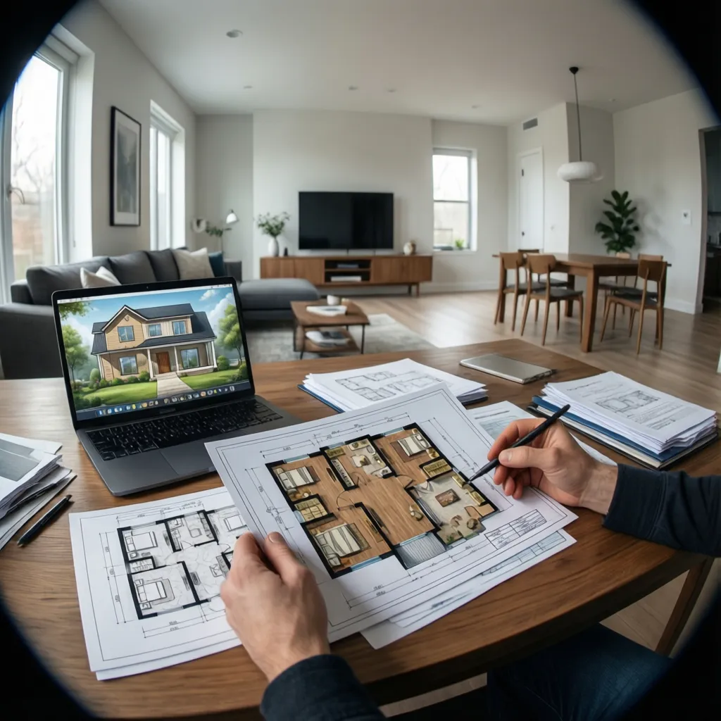 homeowner reviewing renovation plans and documents for grant application