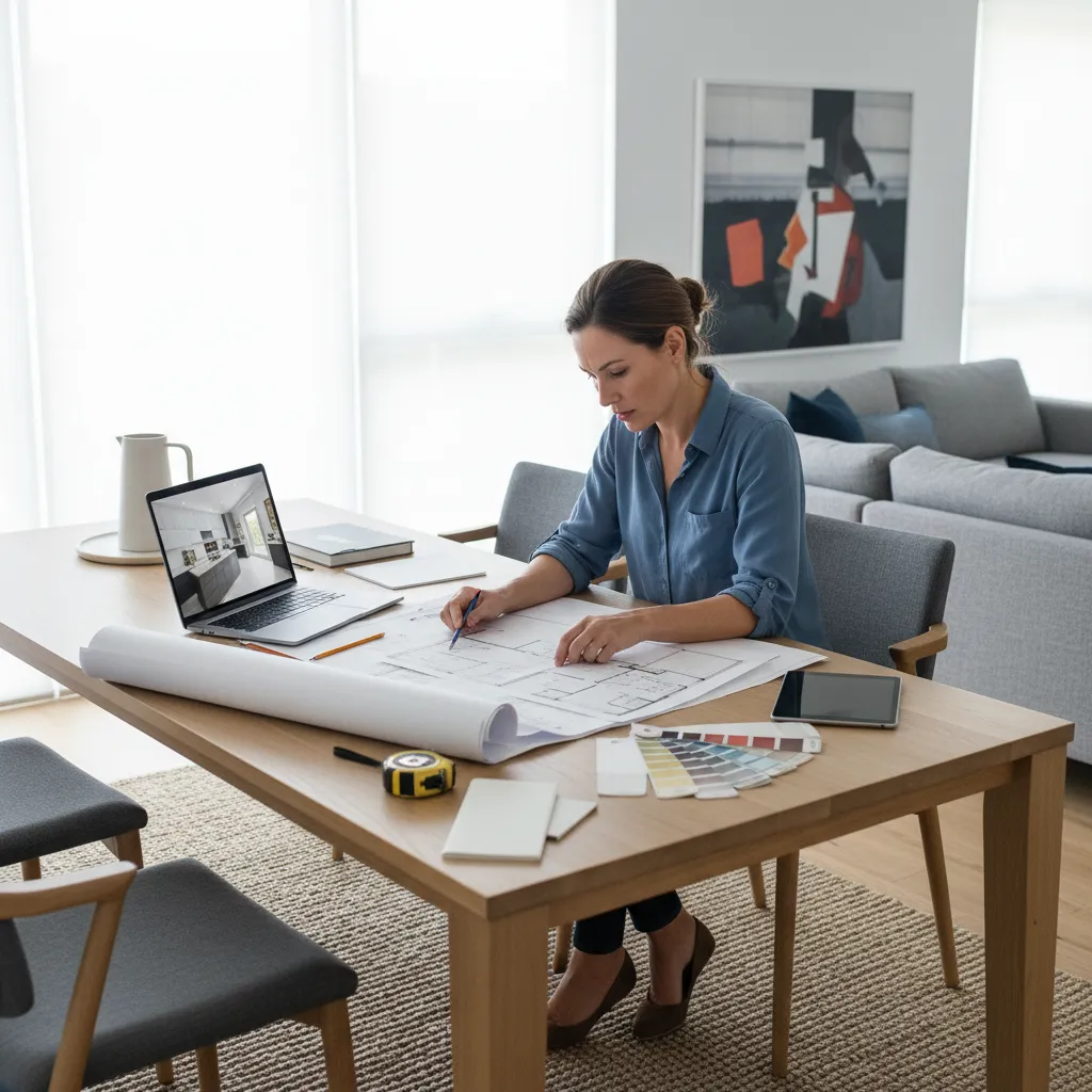homeowner planning renovation with documents and floor plans