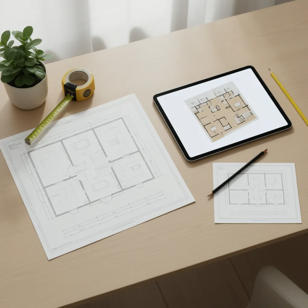 Renovation planning documents and floor plan drawings on a table