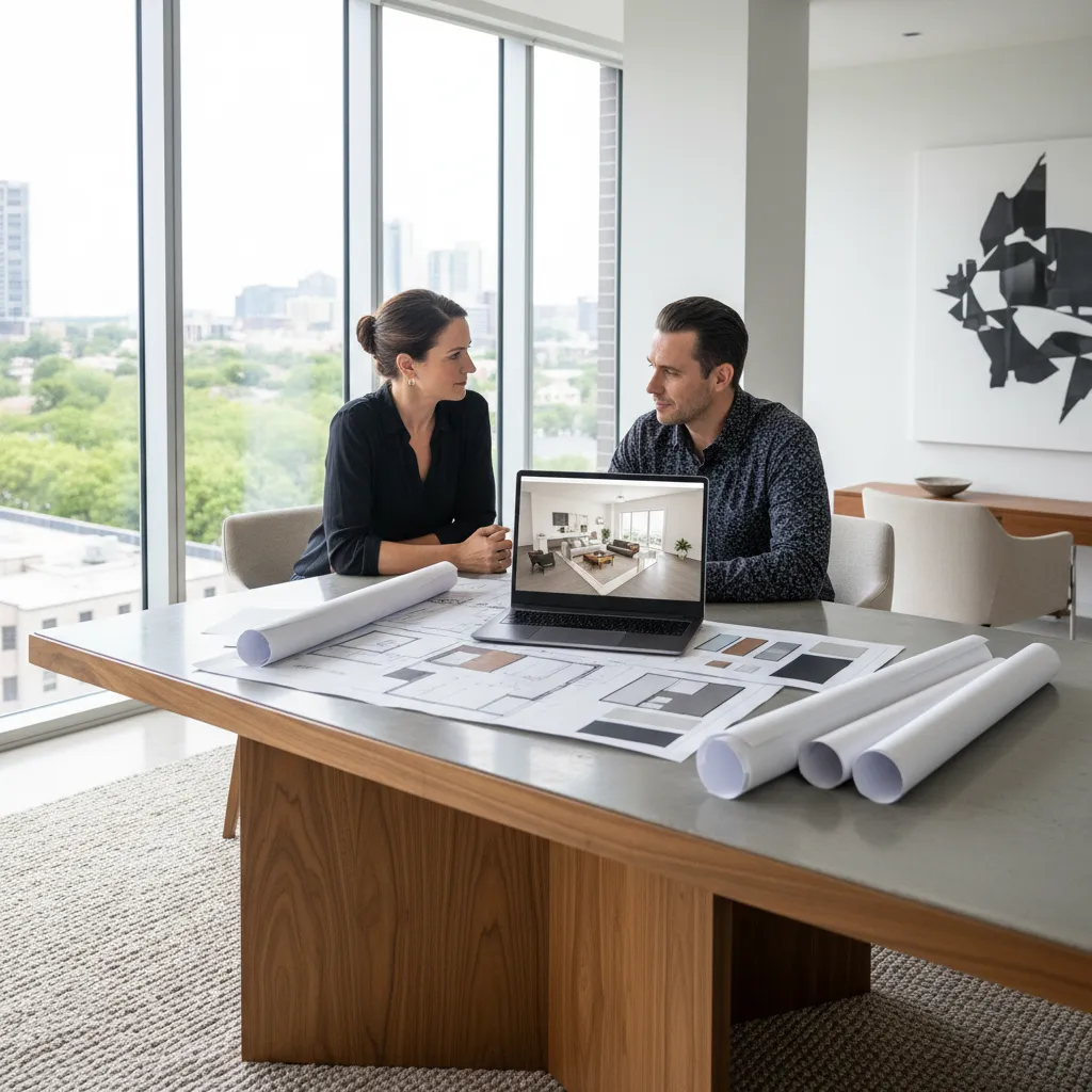 Homeowner reviewing interior design plans before renovation
