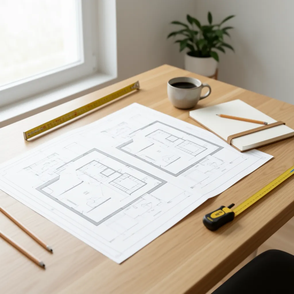 table with house renovation sketches measuring tape notebook and coffee in natural daylight