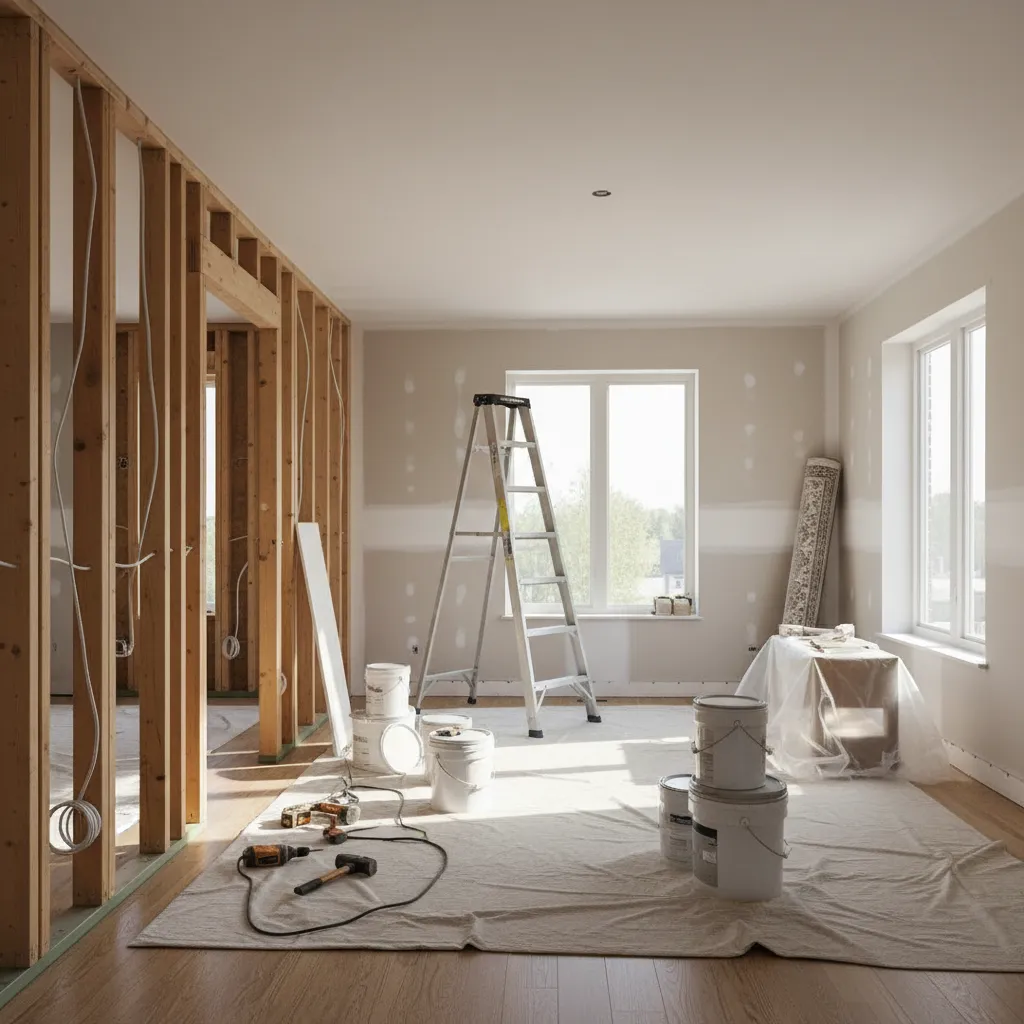Partially renovated 1200 sq ft home interior with tools and construction materials
