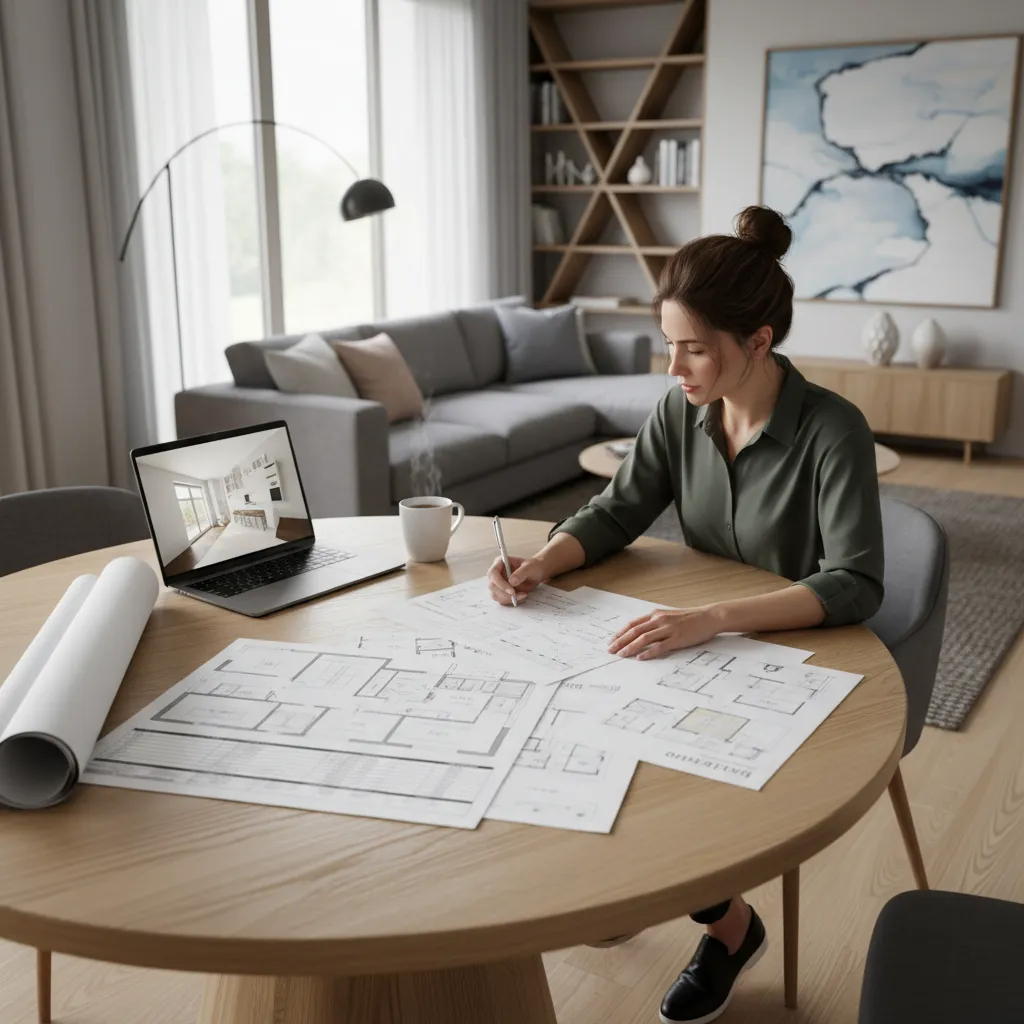 Homeowner reviewing renovation plans and budgeting documents at a table