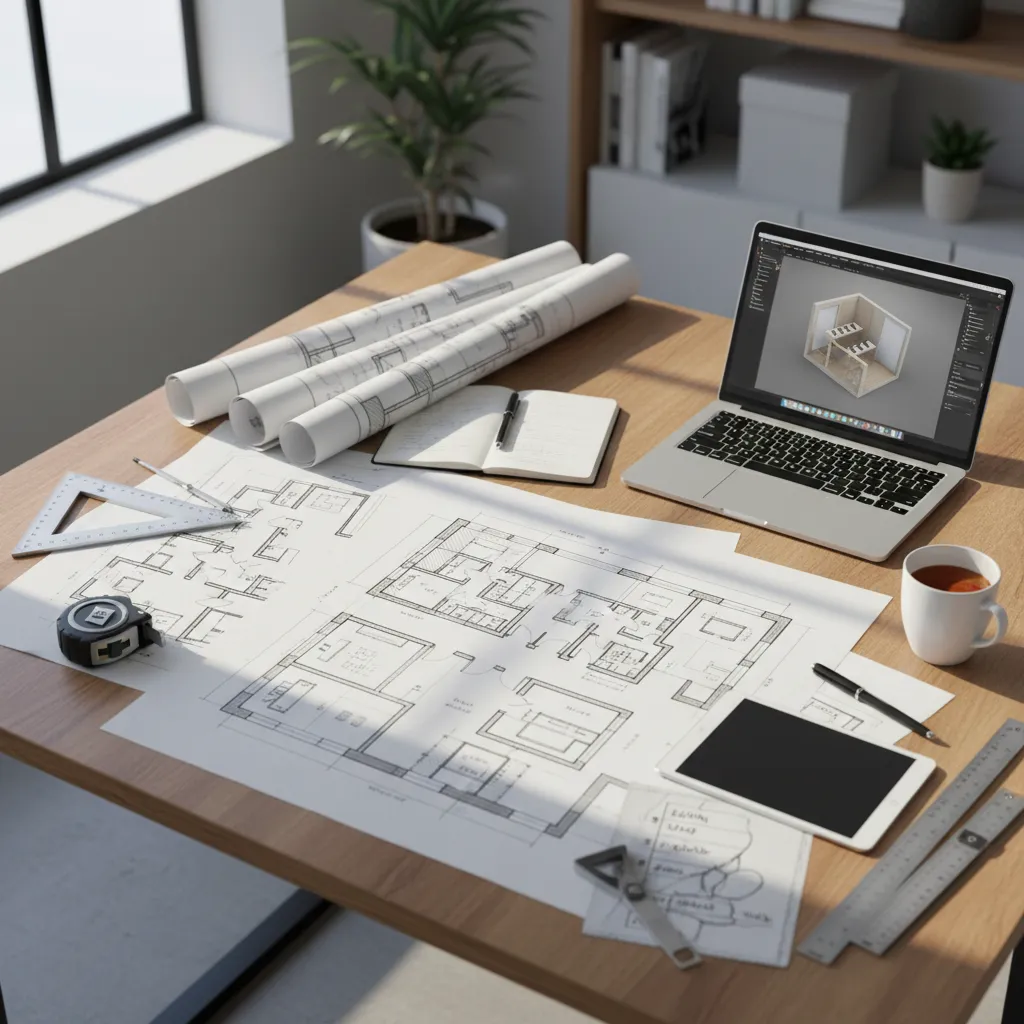 clear home renovation layout diagram and proposal documents on desk