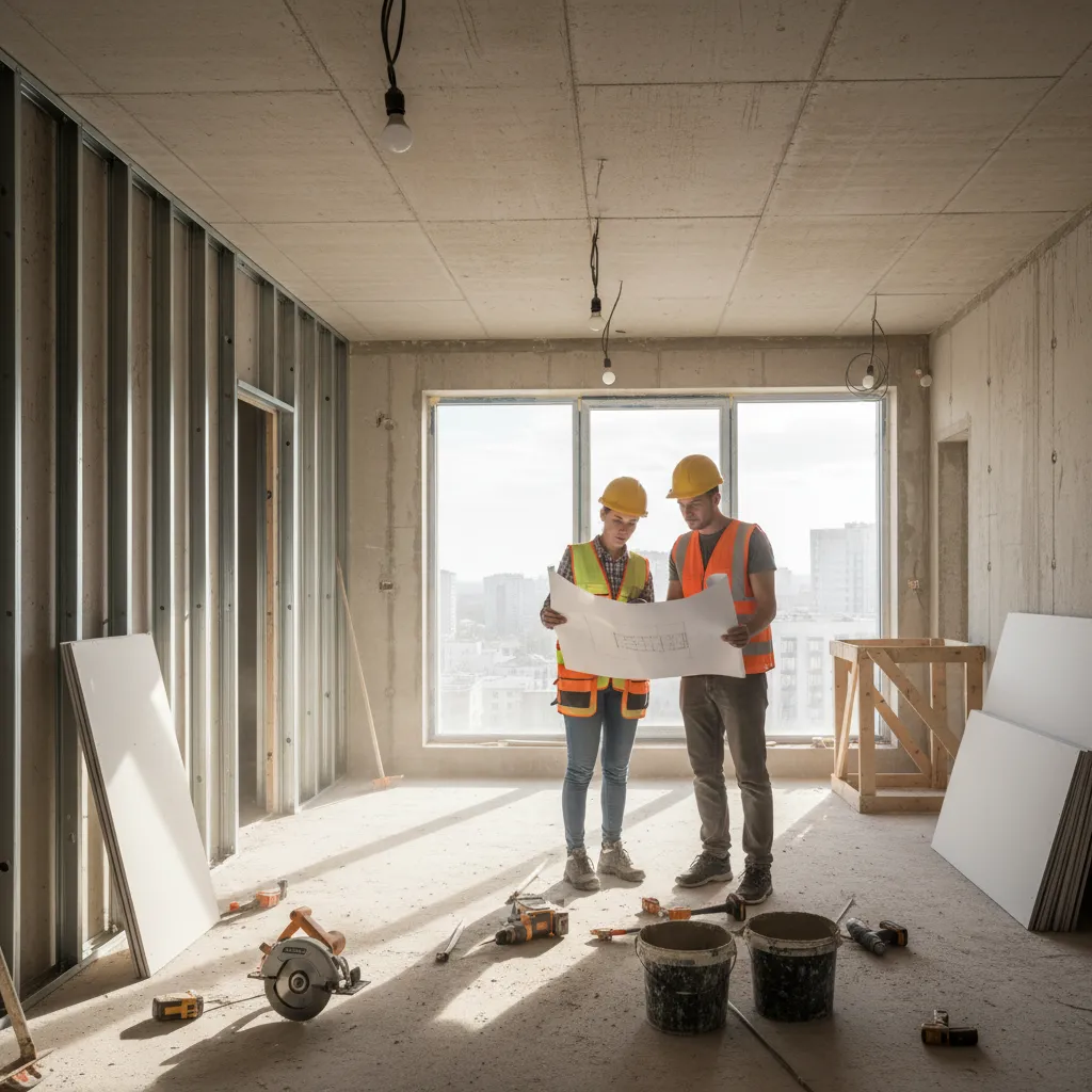 Diseñador revisando obra de reforma en un apartamento en construcción